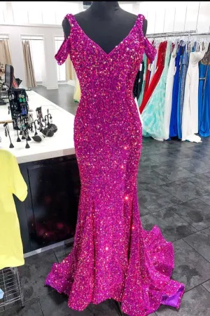 20224 Fuchsia Sequin Formal Dresses Magenta Cold-Shoulder Mermaid Prom Dress Long