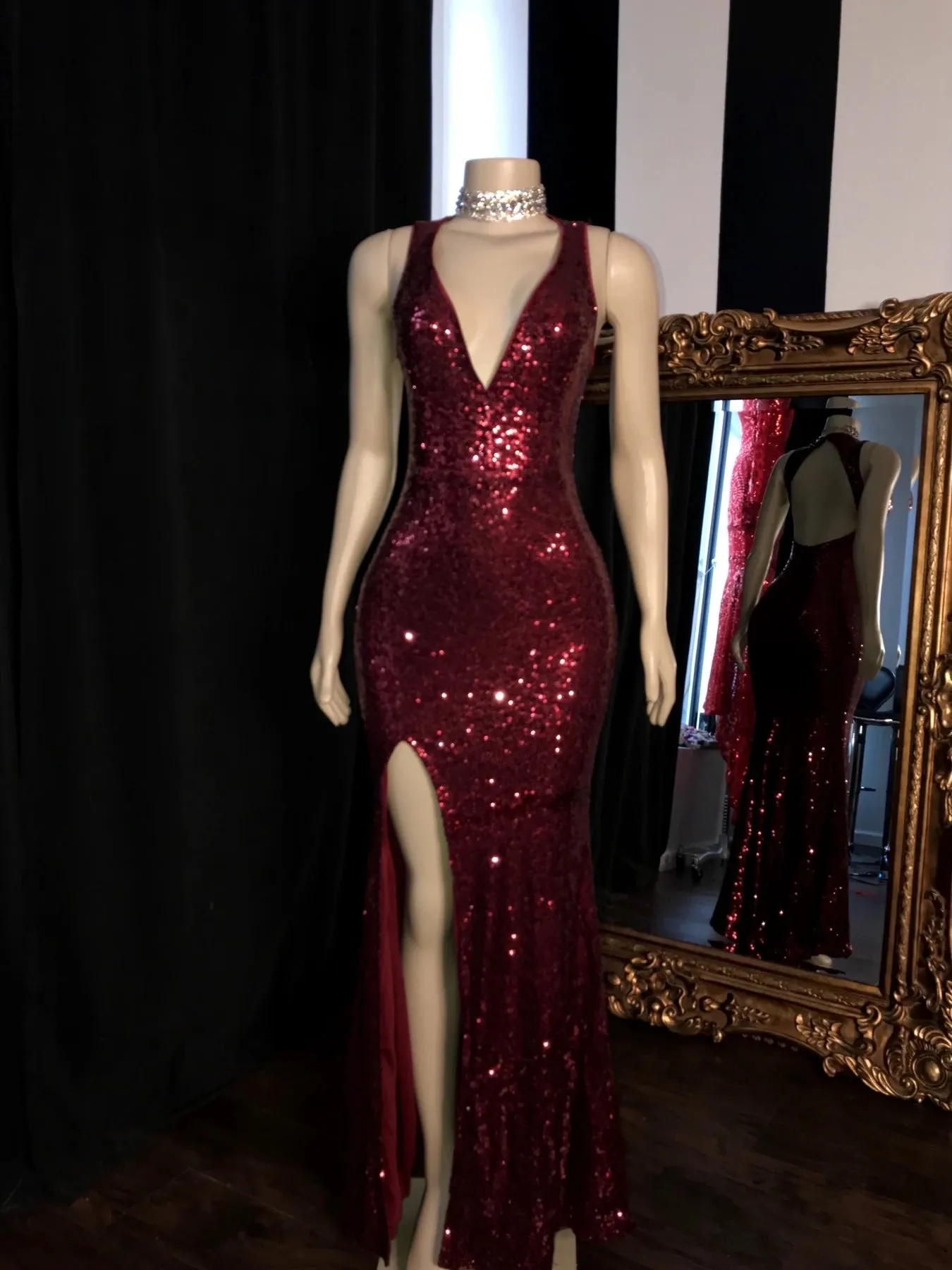2025 Long Mermaid Burgundy Sequin Prom Dresses Glitter Split Evening Gown