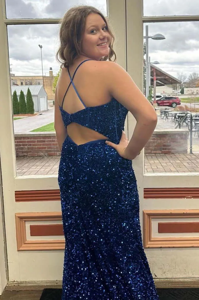 2025 Plus Size Blue Sequin Iridescent Prom Dresses Spaghetti Straps