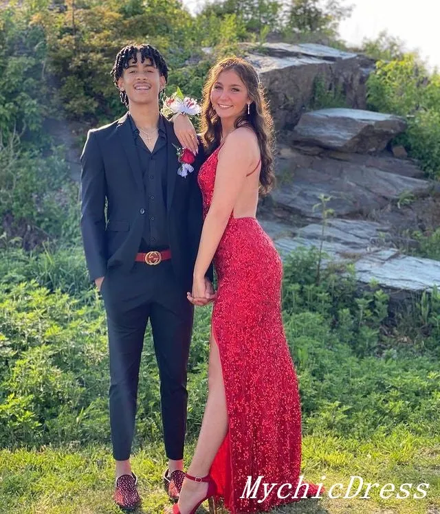 2025 Red Sequin Prom Dresses V Neck Spaghetti Straps Split