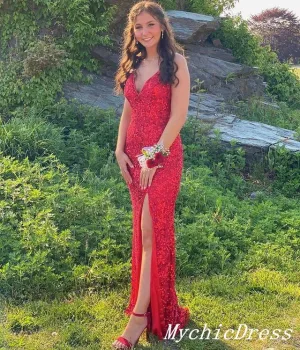 2025 Red Sequin Prom Dresses V Neck Spaghetti Straps Split