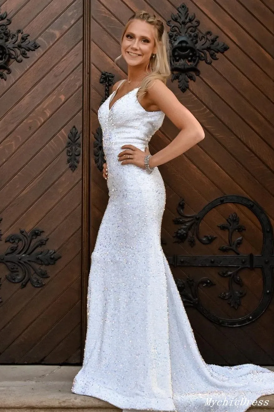 2025 Sequin Evening Dresses White Iridescent Mermaid V Neck Cheap Prom Dress