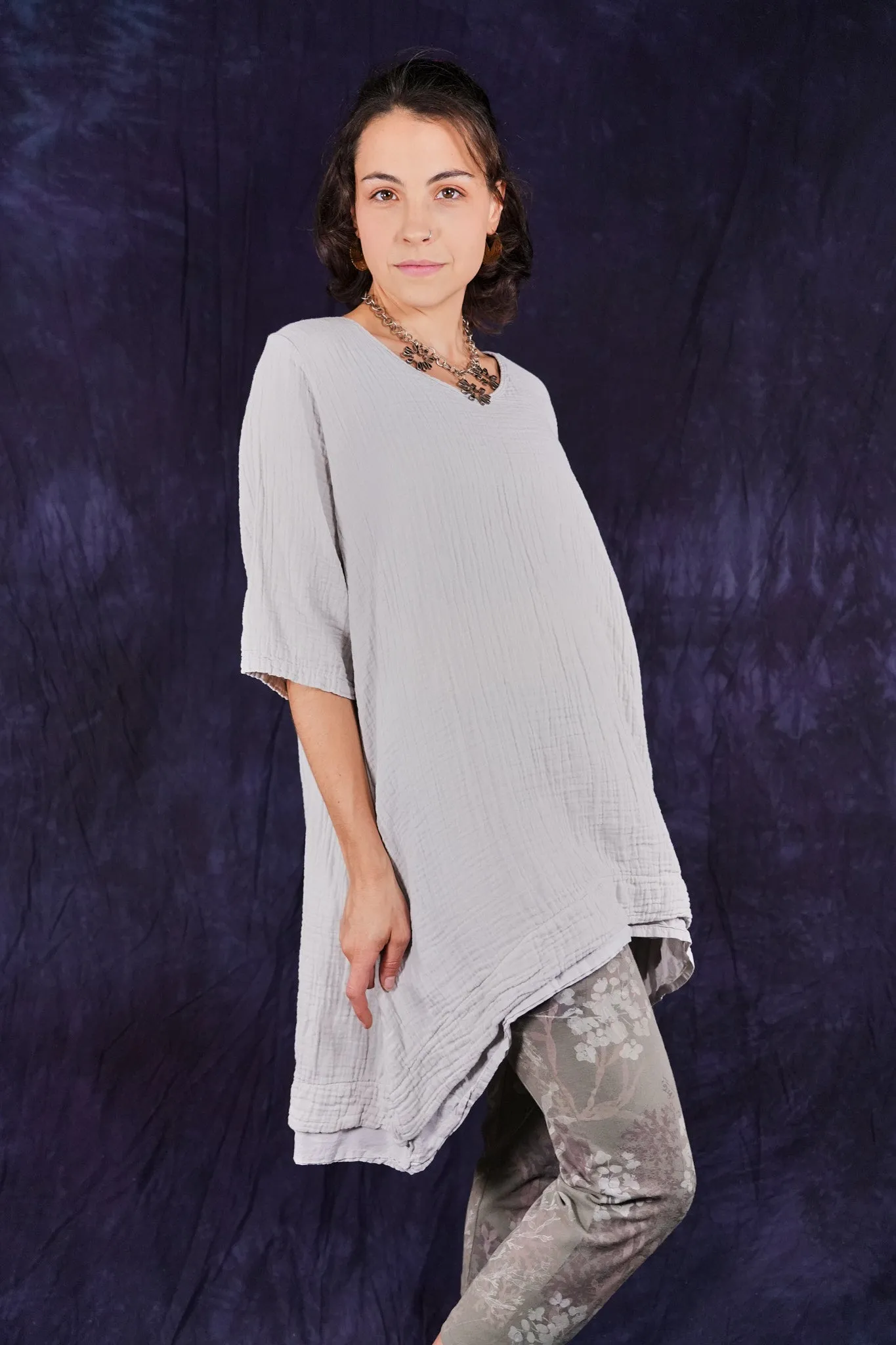 2372 Double Gauze Tunic W/ Lawn Tier Pearl Smoke