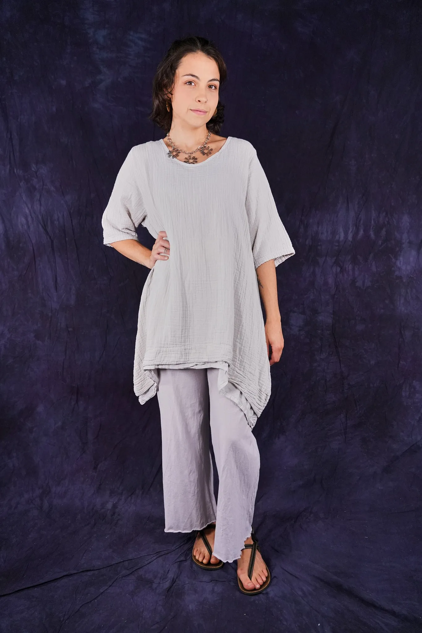 2372 Double Gauze Tunic W/ Lawn Tier Pearl Smoke