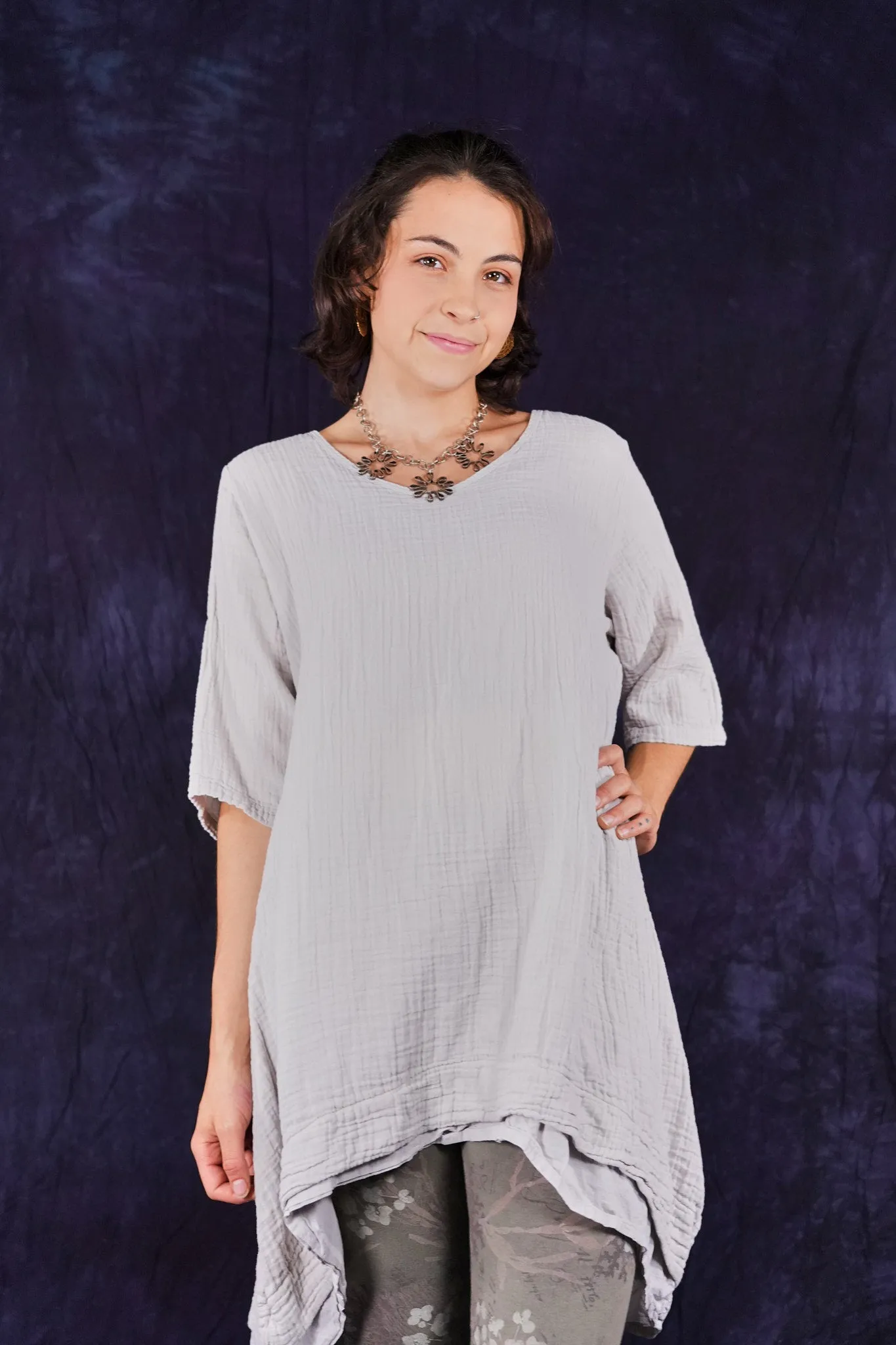 2372 Double Gauze Tunic W/ Lawn Tier Pearl Smoke