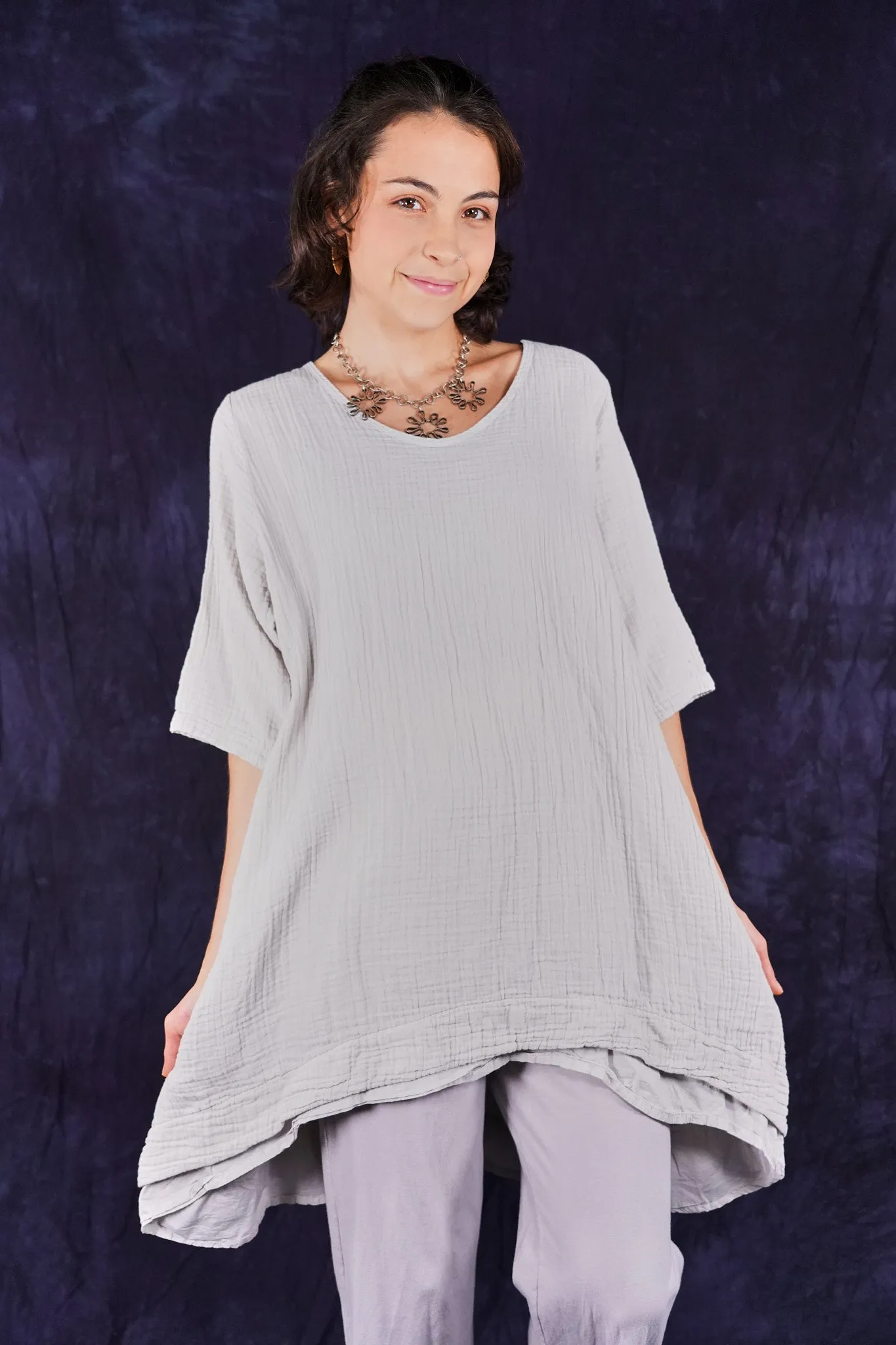 2372 Double Gauze Tunic W/ Lawn Tier Pearl Smoke