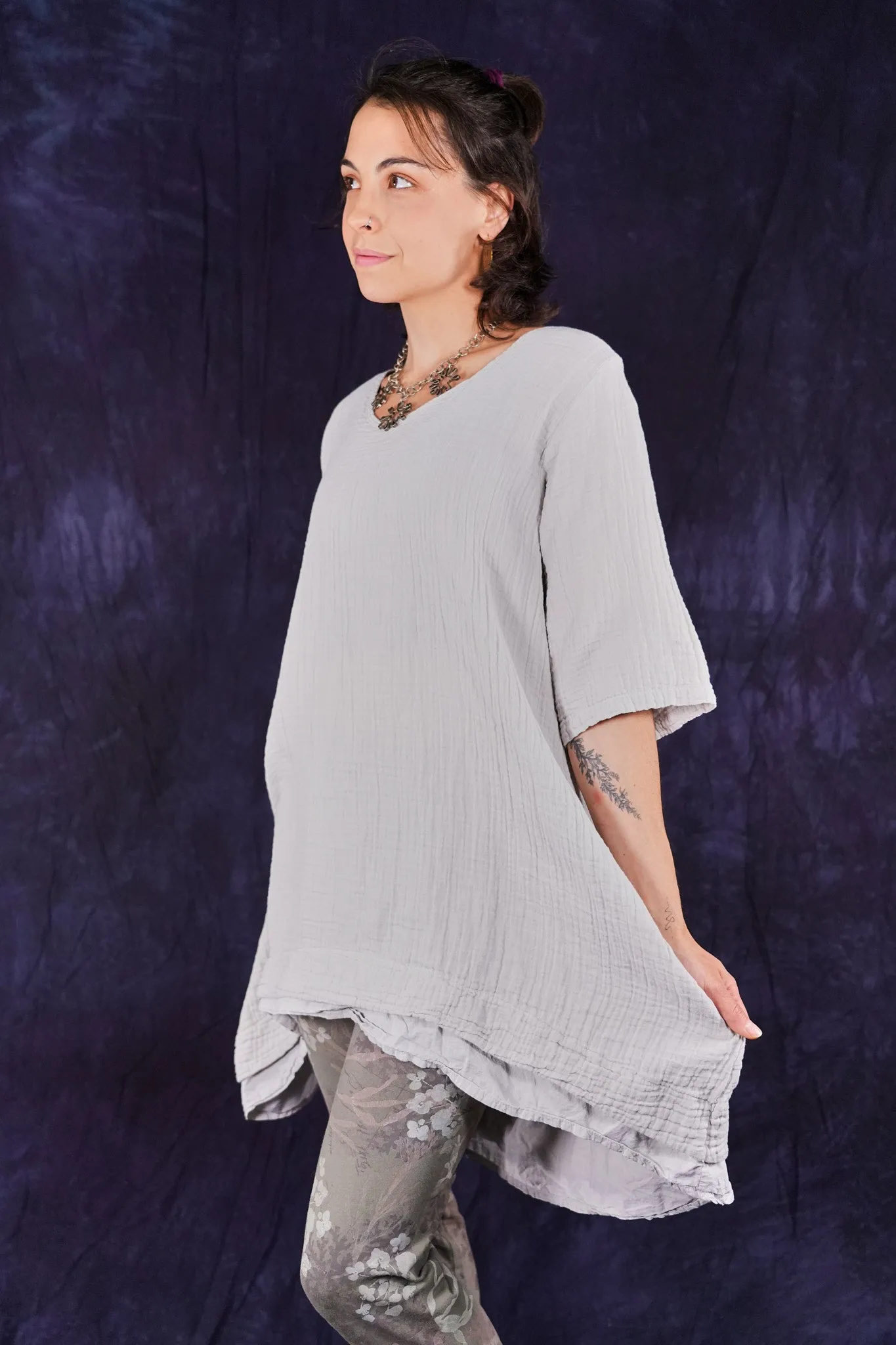 2372 Double Gauze Tunic W/ Lawn Tier Pearl Smoke