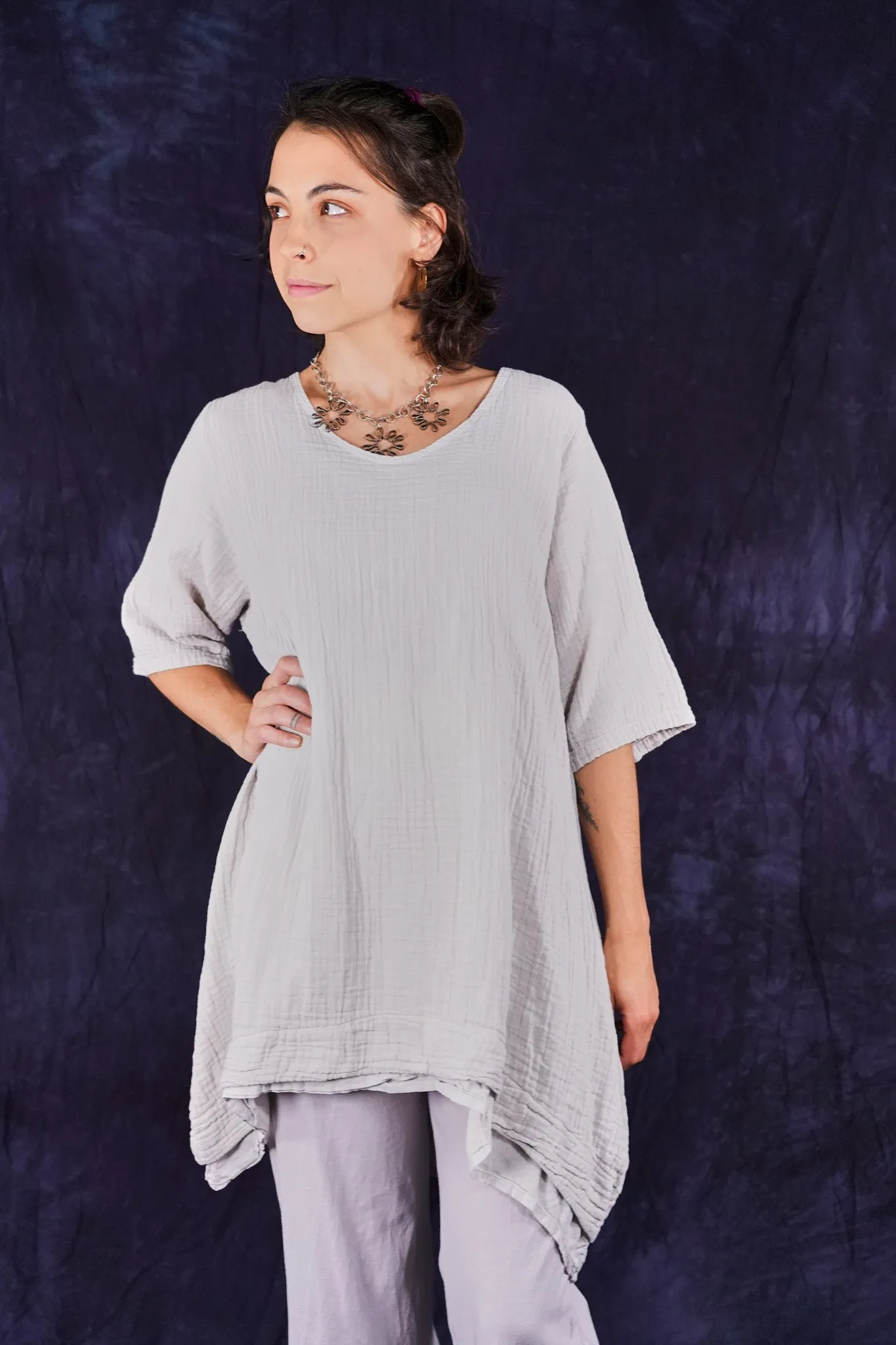 2372 Double Gauze Tunic W/ Lawn Tier Pearl Smoke