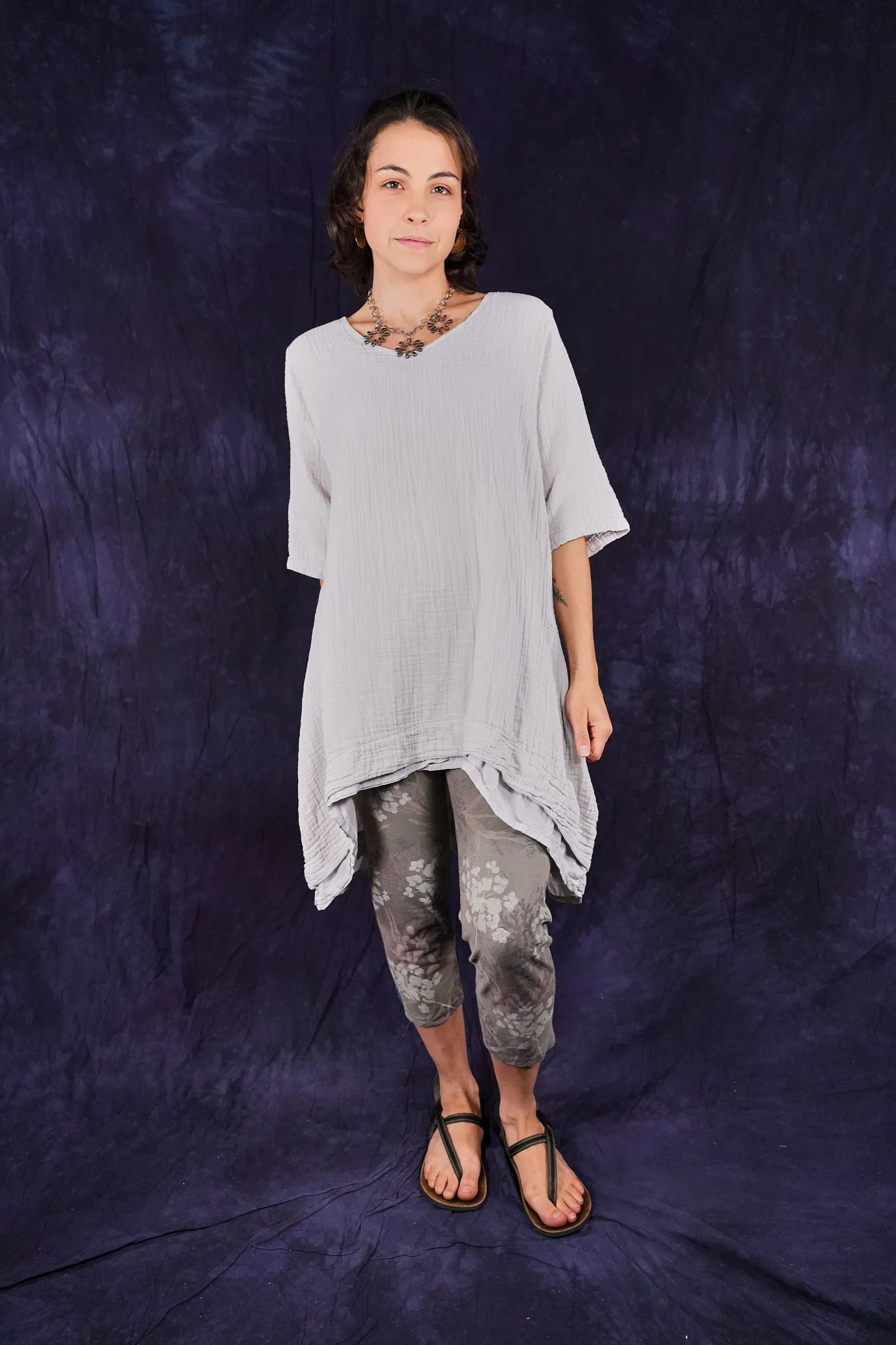 2372 Double Gauze Tunic W/ Lawn Tier Pearl Smoke