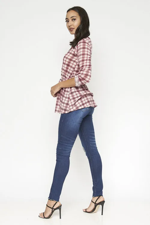 3/4 Sleeve Plaid Top With Front Buttons And Lace Belt (794300)