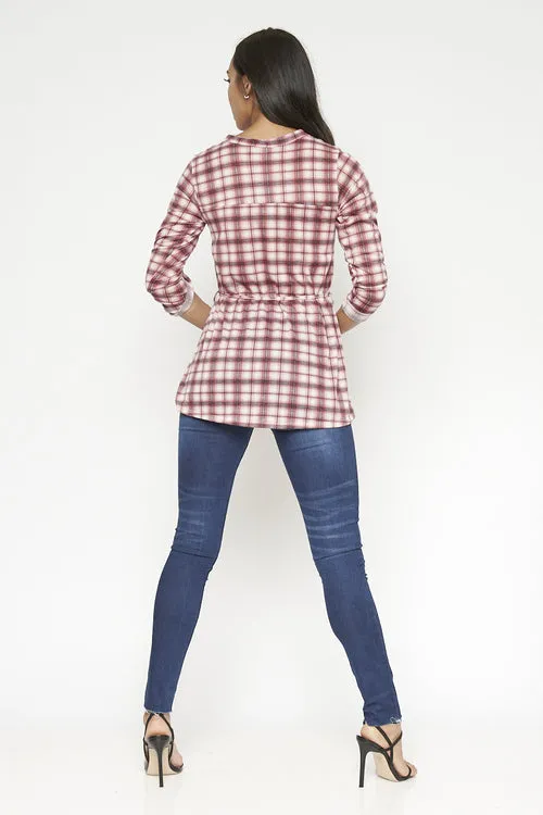 3/4 Sleeve Plaid Top With Front Buttons And Lace Belt (794300)