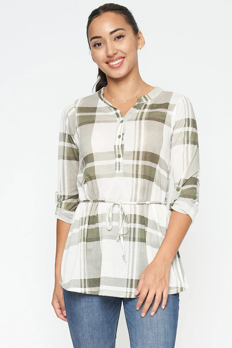 3/4 Sleeve Plaid Top With Front Buttons And Lace Belt (794300)