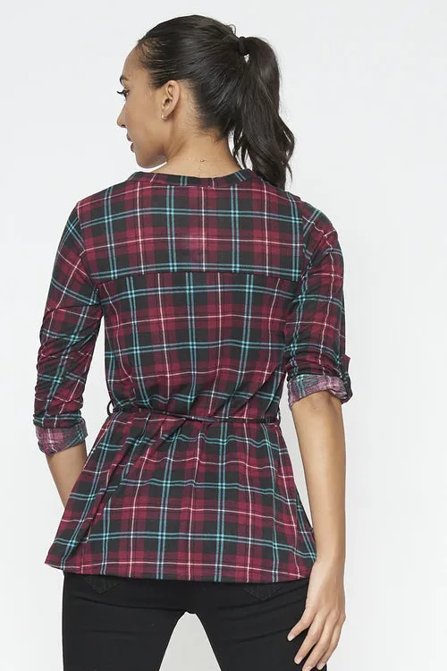 3/4 Sleeve Plaid Top With Front Buttons And Lace Belt (794300)
