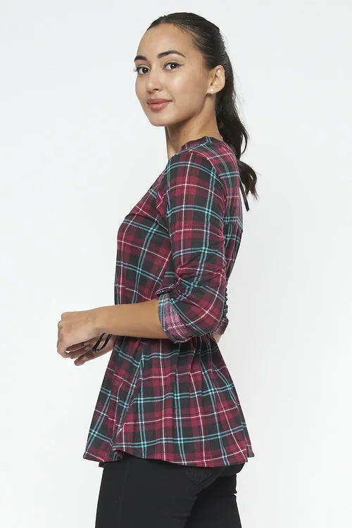 3/4 Sleeve Plaid Top With Front Buttons And Lace Belt (794300)