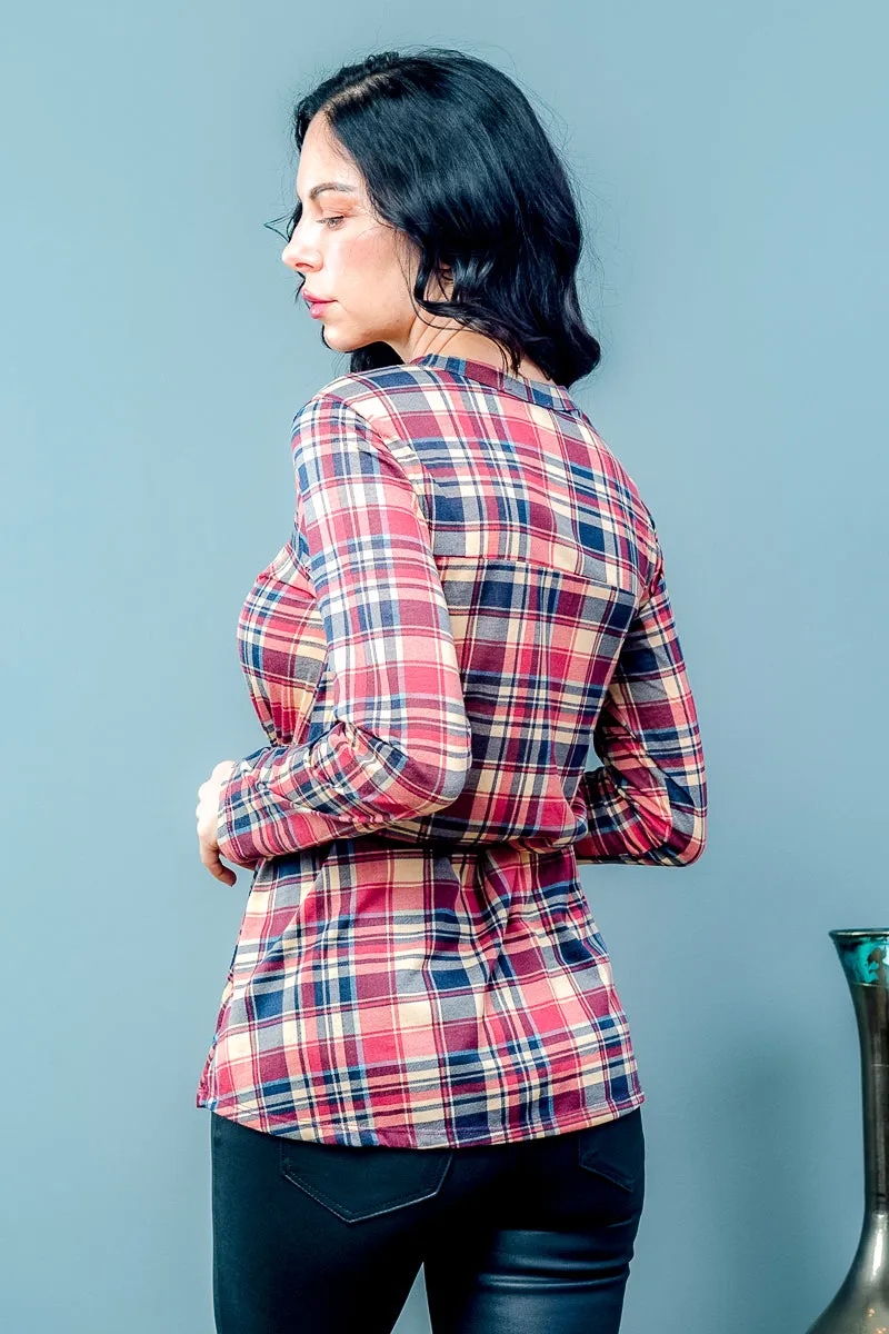 3/4 Sleeve Plaid Top With Front Buttons And Lace Belt (794300)