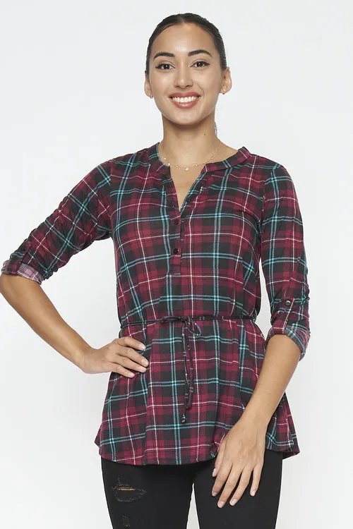 3/4 Sleeve Plaid Top With Front Buttons And Lace Belt (794300)