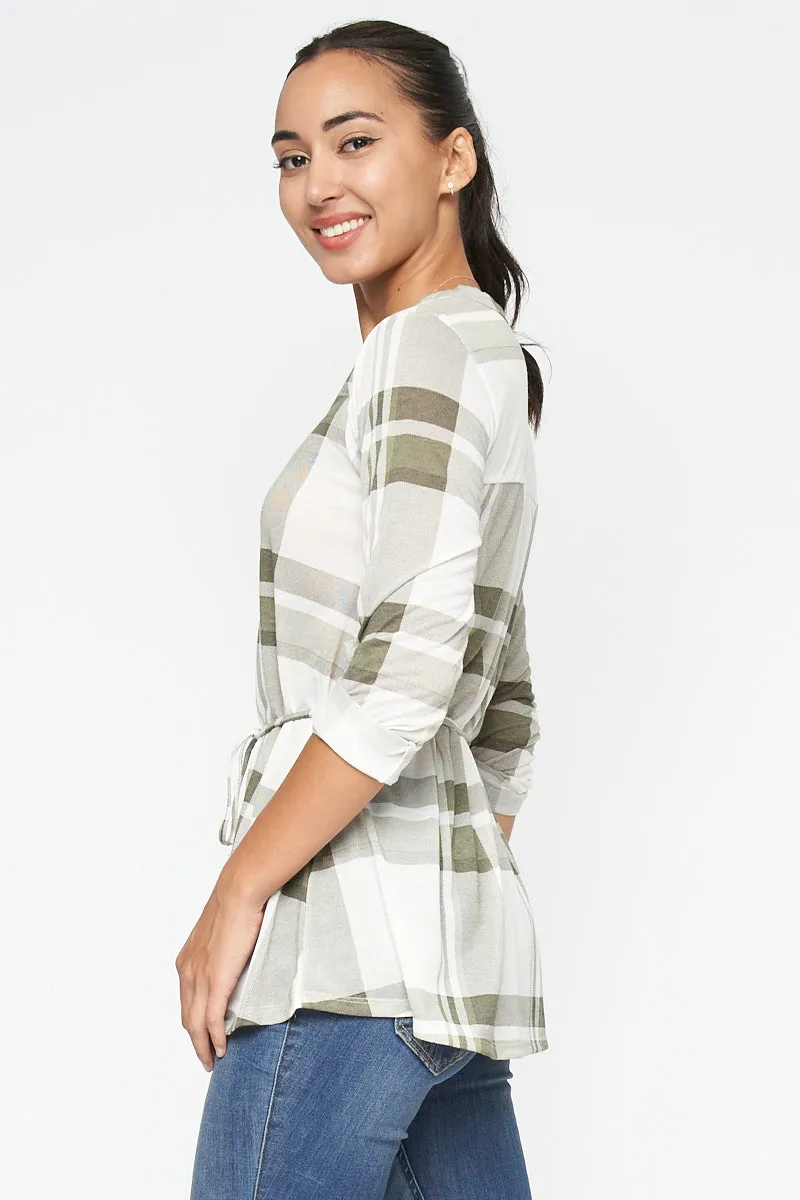 3/4 Sleeve Plaid Top With Front Buttons And Lace Belt (794300)