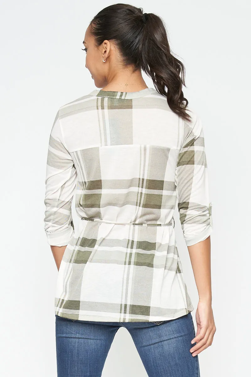 3/4 Sleeve Plaid Top With Front Buttons And Lace Belt (794300)