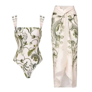 84Volt Plant Pattern Printed Wrap Skirt Swimsuit Set - Picture 1 / S
