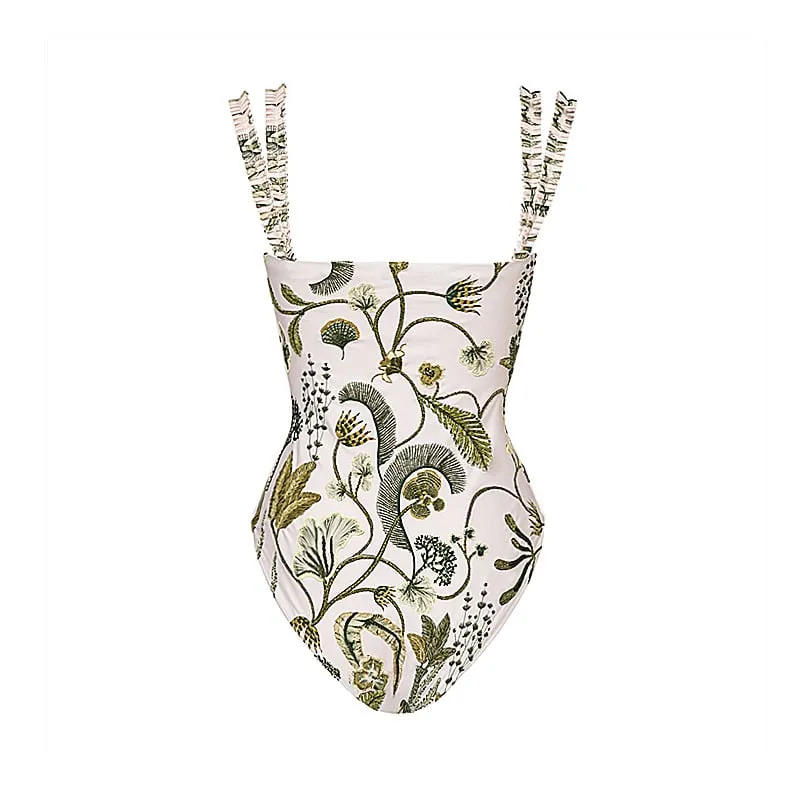 84Volt Plant Pattern Printed Wrap Skirt Swimsuit Set - Picture 1 / S