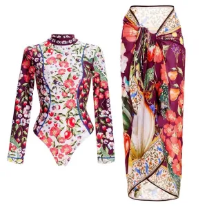 84Volt  Printed Long Sleeves Wrap Skirt Swimsuit Set - Picture 1 / S