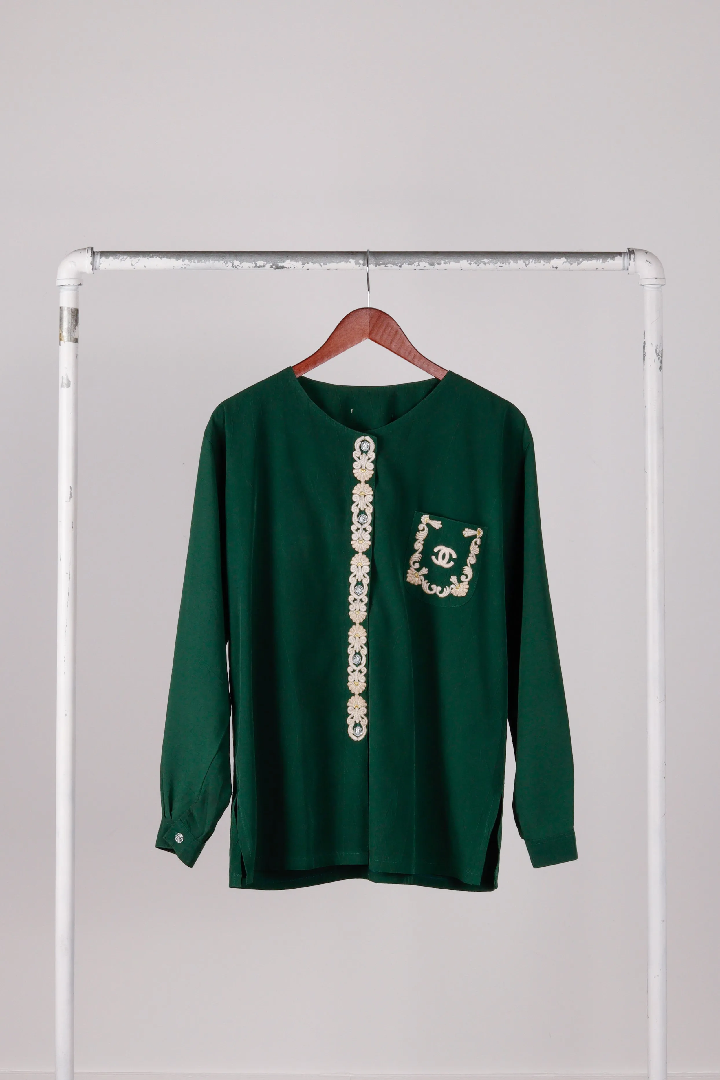 90's Chanel 'Embroidered Nylon' Tunic Green