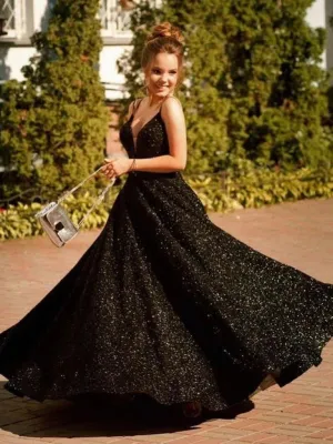 A Line Black 2025 Sequin Prom Dresses UK Long V Neck Formal Evening Gown