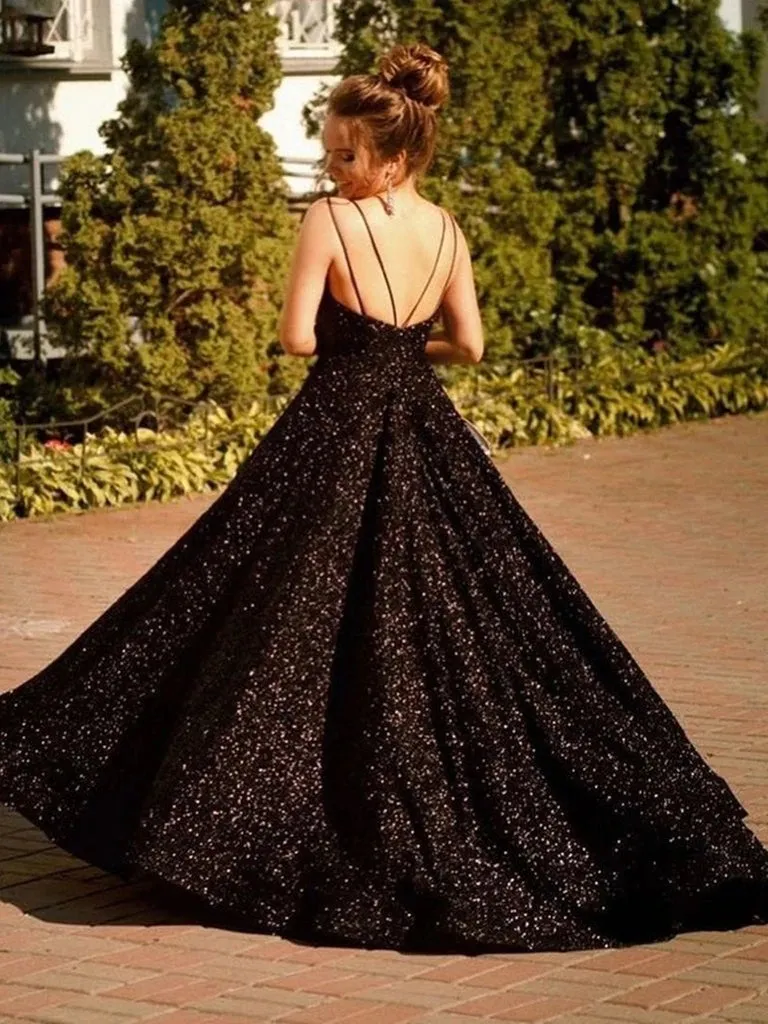 A Line Black 2025 Sequin Prom Dresses UK Long V Neck Formal Evening Gown