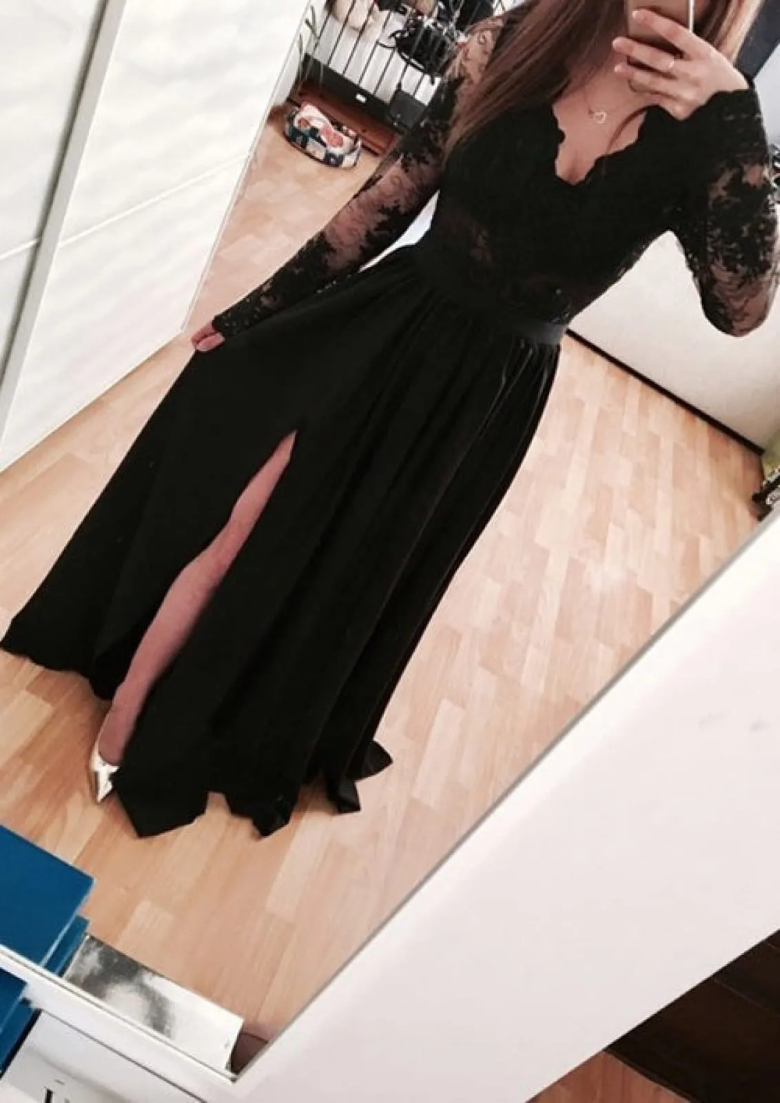 A-line V Neck Illusion Long Sleeve Floor-Length Black Chiffon Prom Dress, Split Lace