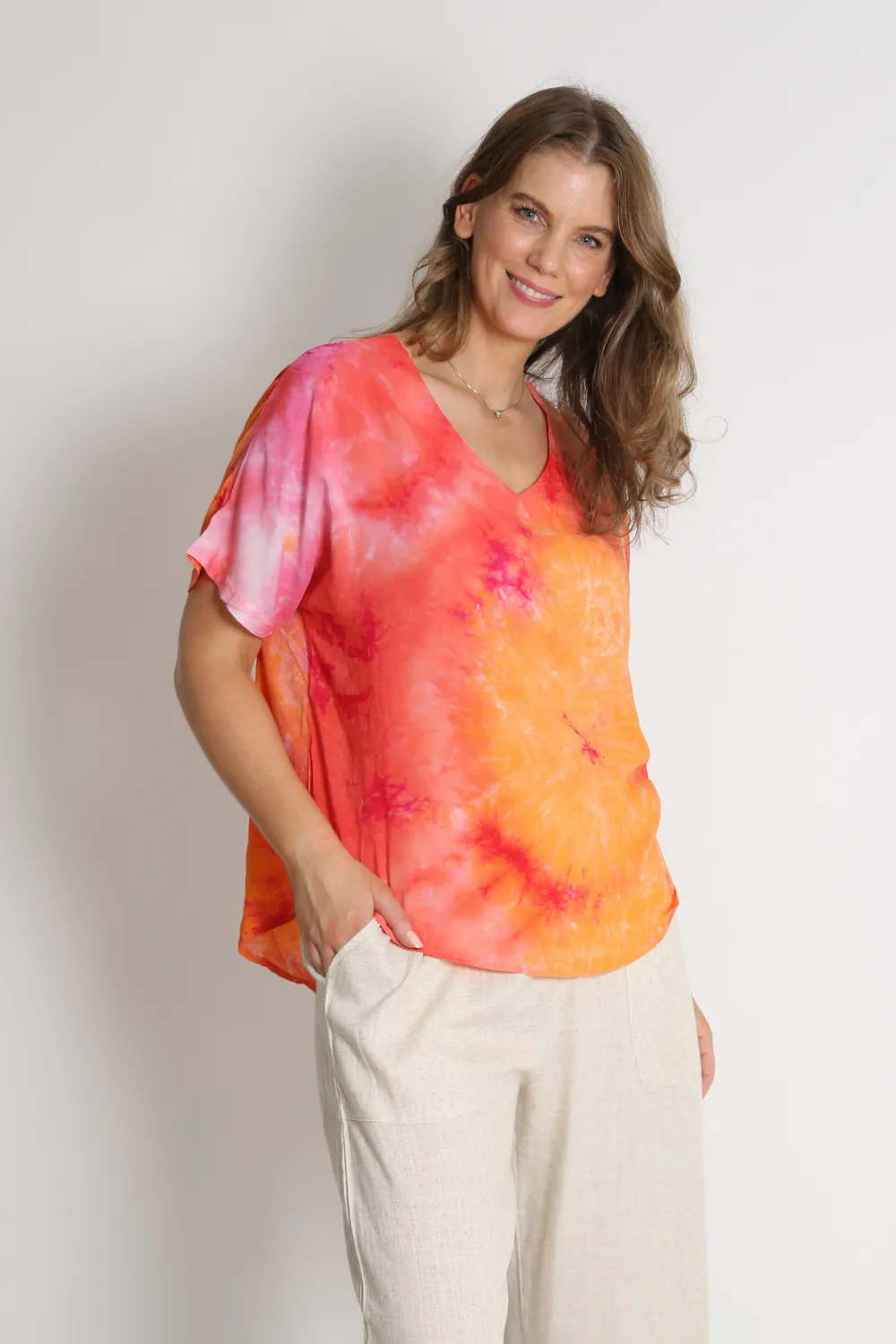 ADRIA Orange Tye Dye Print Top