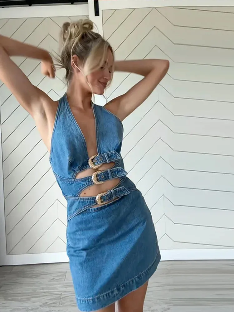 ADVBRIDGE  -  Denim Deep V Halter Dress Hollow Out Belt Design Waist Cinched Slim Fit Sleeveless Sexy Fashion Cowboy Women Vest Short Dresses