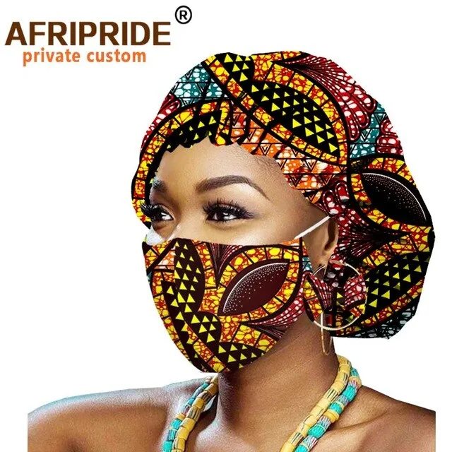 African Bonnets for Women Earrings African Ankara Print Bonnets Night Sleep Hat Turban Wax Batik Cotton Match Print Mask A20H011