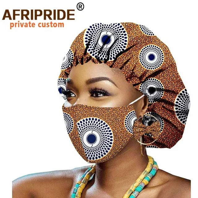 African Bonnets for Women Earrings African Ankara Print Bonnets Night Sleep Hat Turban Wax Batik Cotton Match Print Mask A20H011