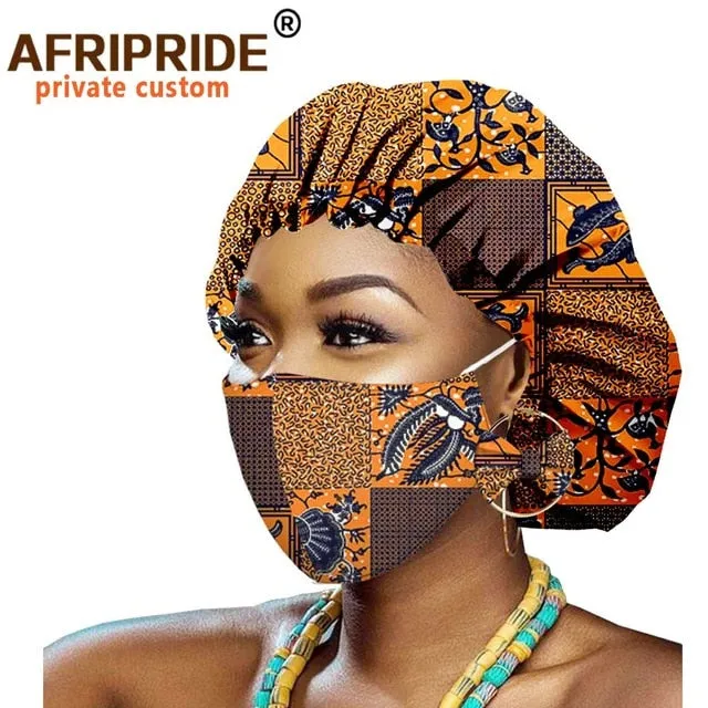 African Bonnets for Women Earrings African Ankara Print Bonnets Night Sleep Hat Turban Wax Batik Cotton Match Print Mask A20H011