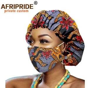 African Bonnets for Women Earrings African Ankara Print Bonnets Night Sleep Hat Turban Wax Batik Cotton Match Print Mask A20H011
