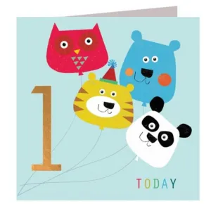 Age 1 Birthday Card: Balloon Friends