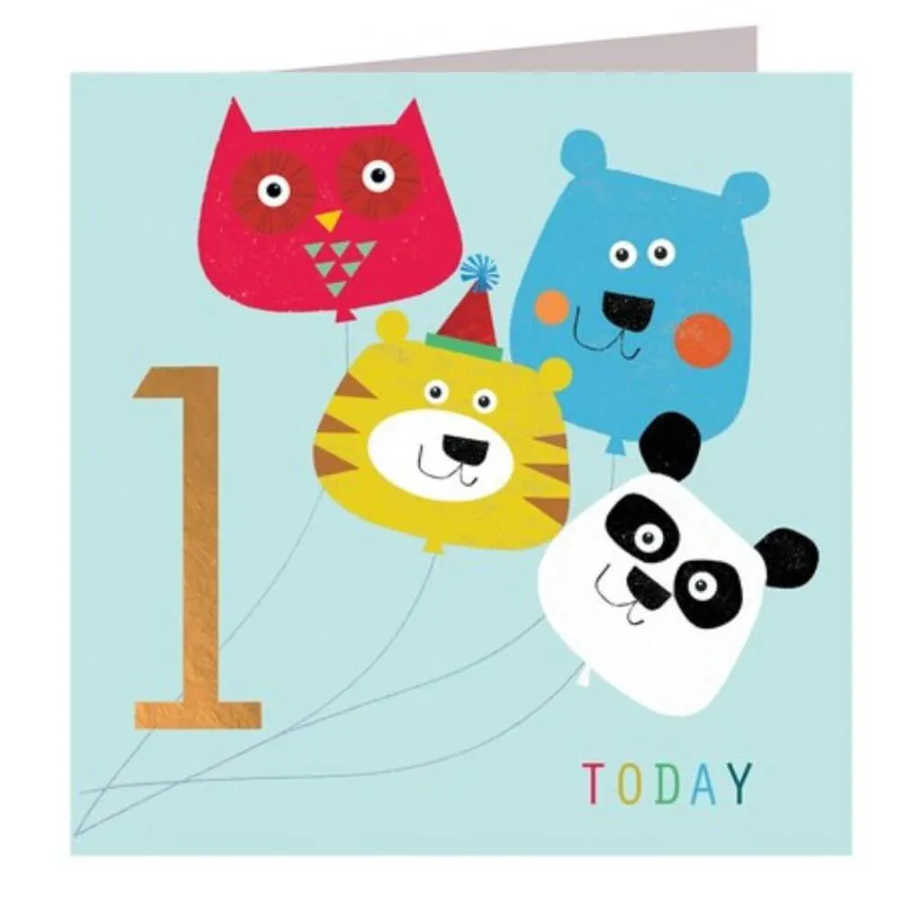 Age 1 Birthday Card: Balloon Friends