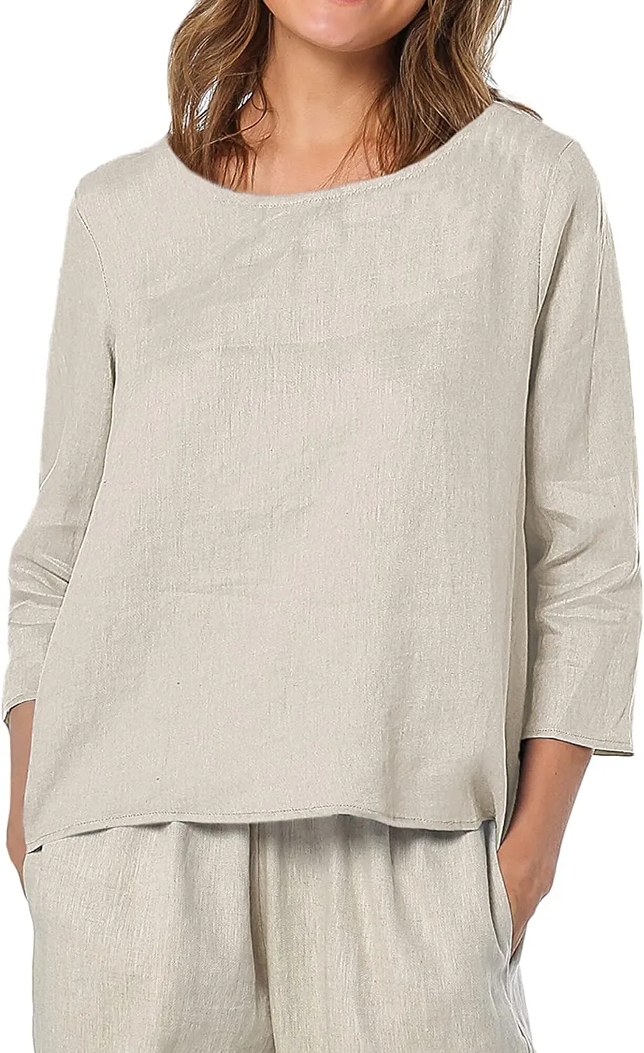 Amazhiyu Womens Pure Linen 3/4 Sleeve Blouse