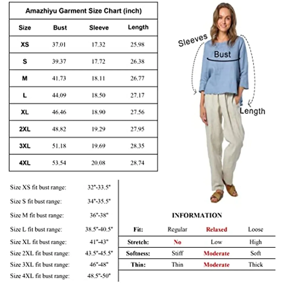 Amazhiyu Womens Pure Linen 3/4 Sleeve Blouse