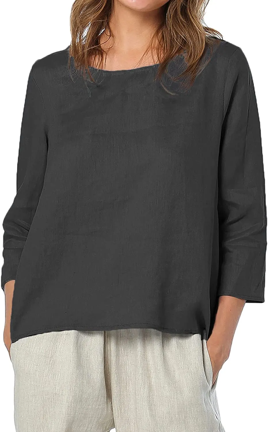Amazhiyu Womens Pure Linen 3/4 Sleeve Blouse