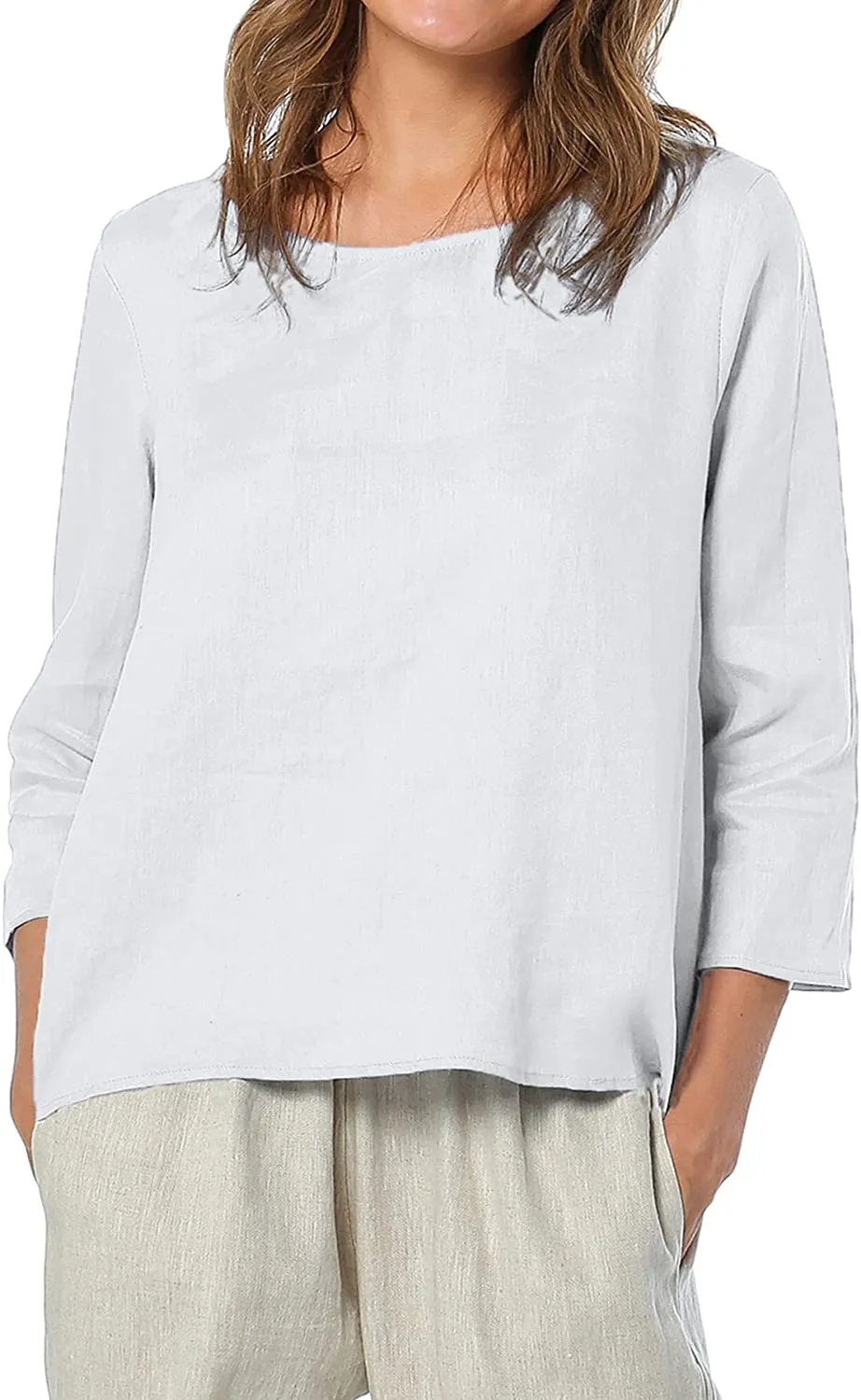 Amazhiyu Womens Pure Linen 3/4 Sleeve Blouse