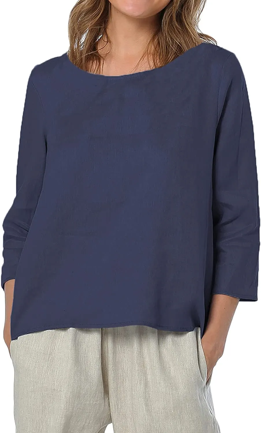 Amazhiyu Womens Pure Linen 3/4 Sleeve Blouse