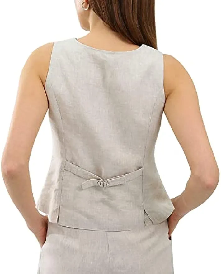 Amazhiyu Womens Pure Linen Button Down Crop Vest Tops