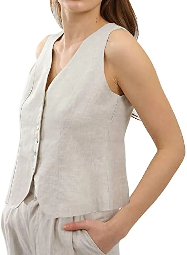 Amazhiyu Womens Pure Linen Button Down Crop Vest Tops