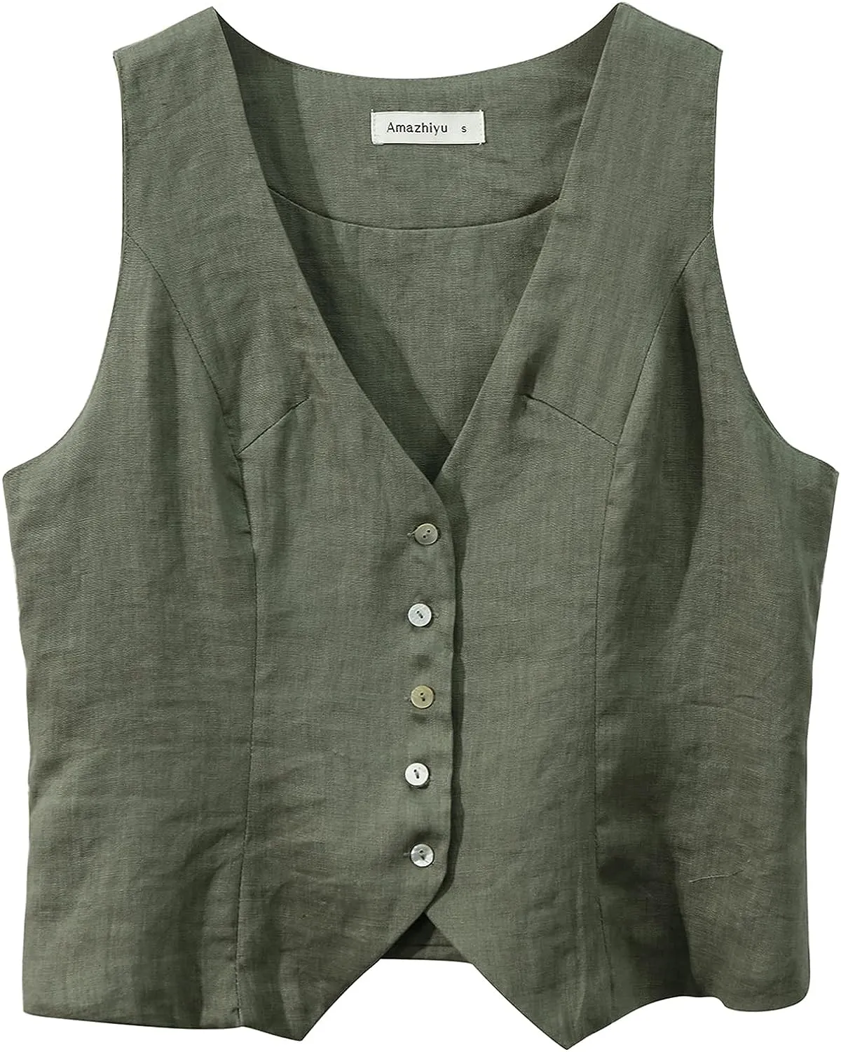 Amazhiyu Womens Pure Linen Button Down Crop Vest Tops
