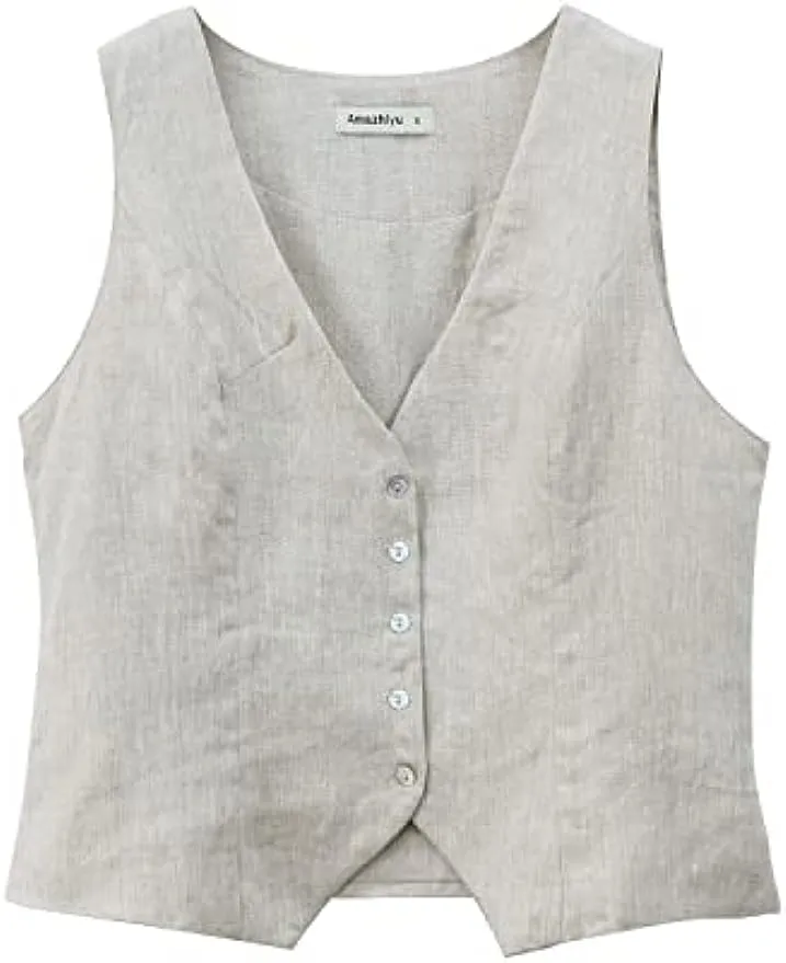 Amazhiyu Womens Pure Linen Button Down Crop Vest Tops