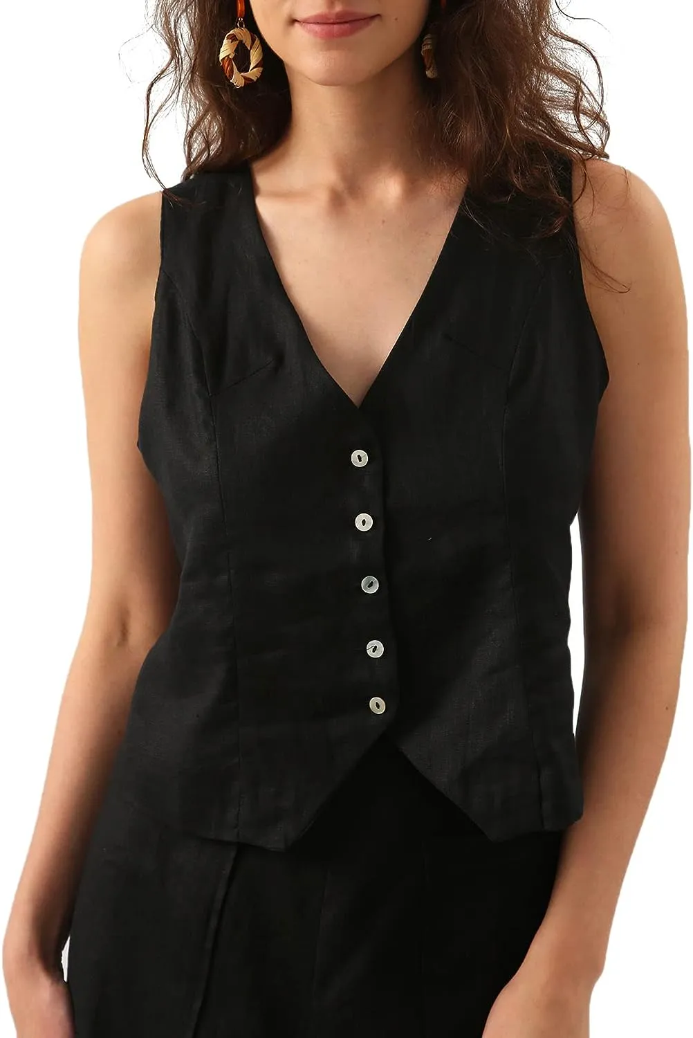 Amazhiyu Womens Pure Linen Button Down Crop Vest Tops