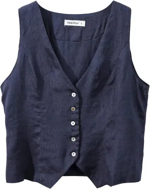Amazhiyu Womens Pure Linen Button Down Crop Vest Tops
