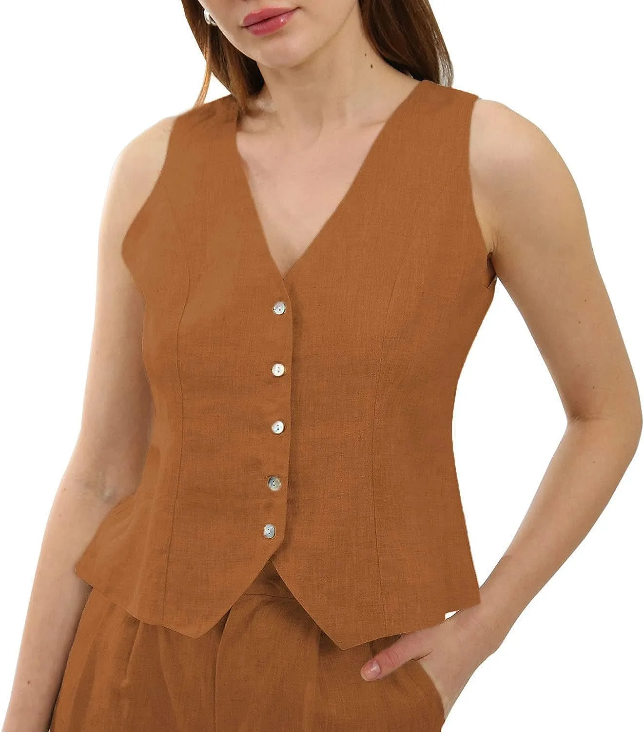Amazhiyu Womens Pure Linen Button Down Crop Vest Tops