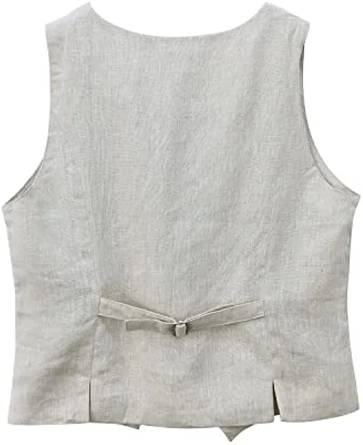 Amazhiyu Womens Pure Linen Button Down Crop Vest Tops